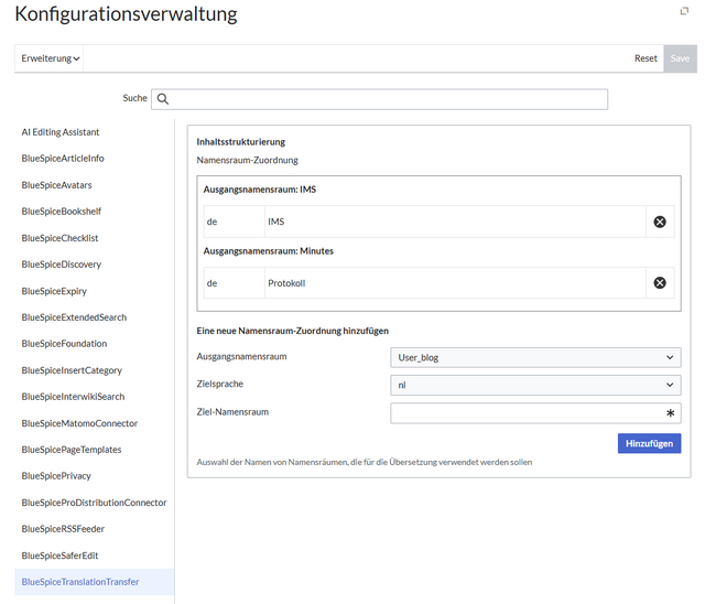 Einstellungen in der Konfigurationsverwaltung für Erweiterung BlueSpiceTranslationTransfer